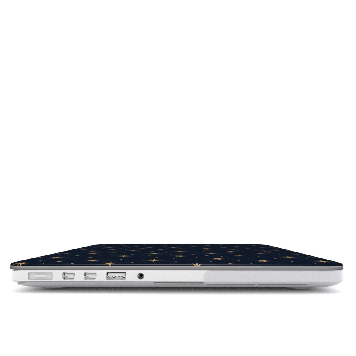 Gold Stars Navy MacBook case — hard-shell laptop cover, side view with ports
