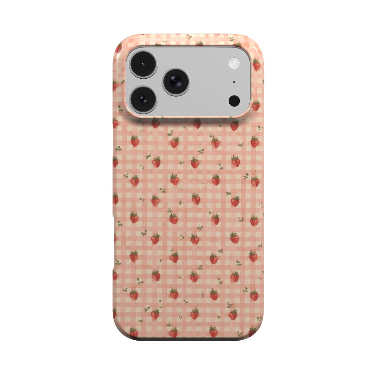 Strawberry Gingham phone case — little red strawberries on peach gingham, MagSafe iPhone case, front view