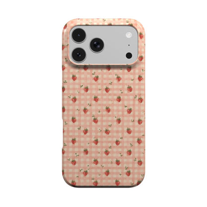 Strawberry Gingham phone case — little red strawberries on peach gingham, MagSafe iPhone case, front view