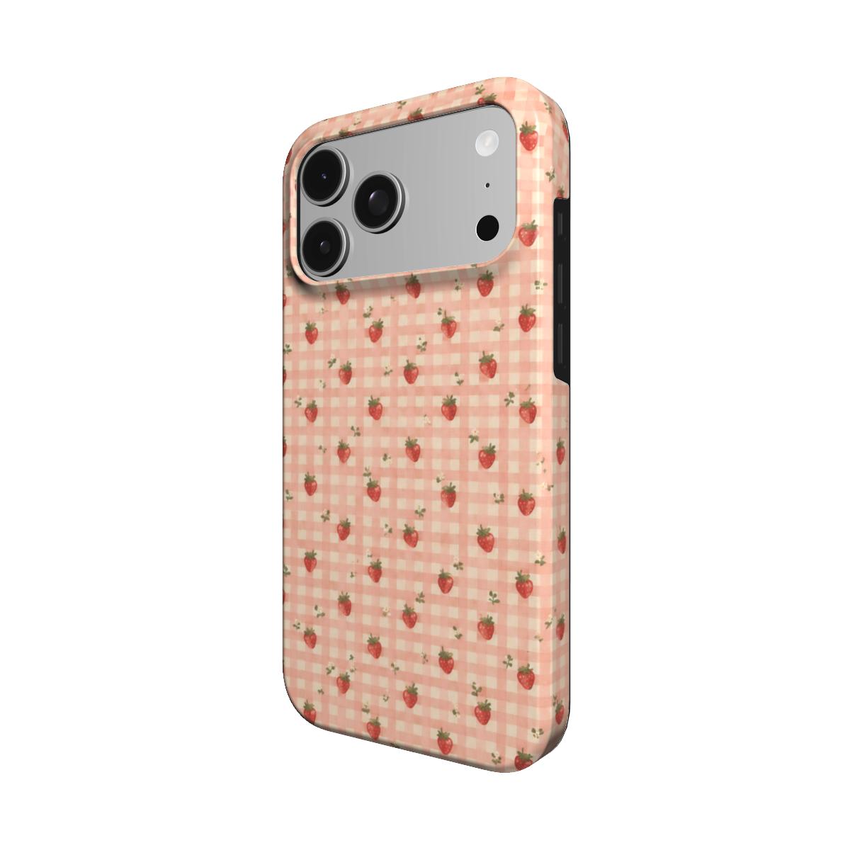 Strawberry Gingham phone case — MagSafe iPhone case, angled view
