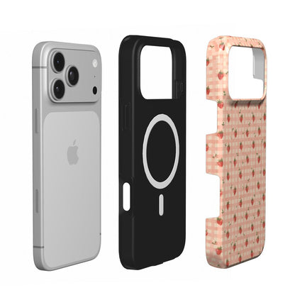 Strawberry Gingham phone case — MagSafe iPhone case, shell and liner views