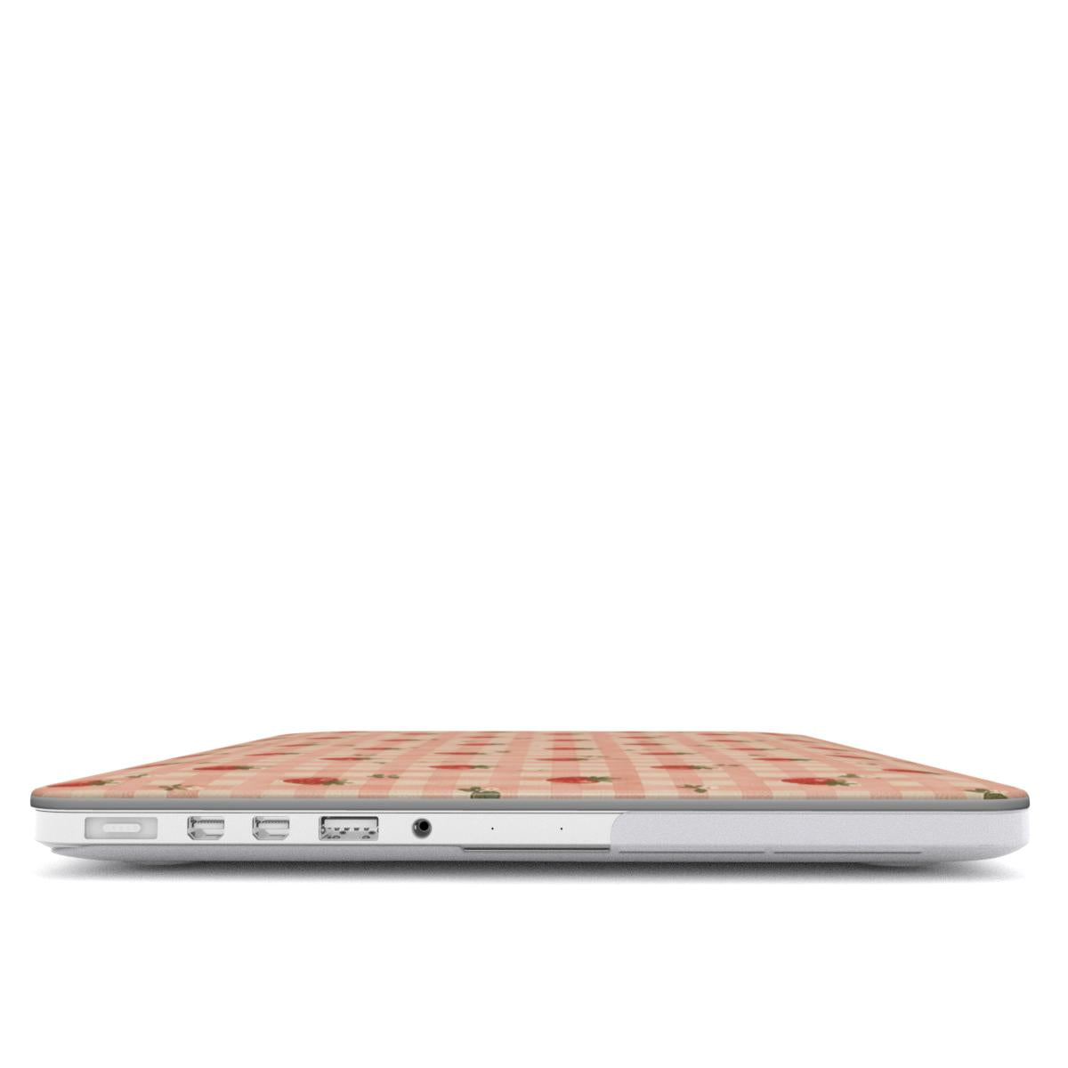 Strawberry Gingham MacBook case — hard-shell laptop cover, side view with ports