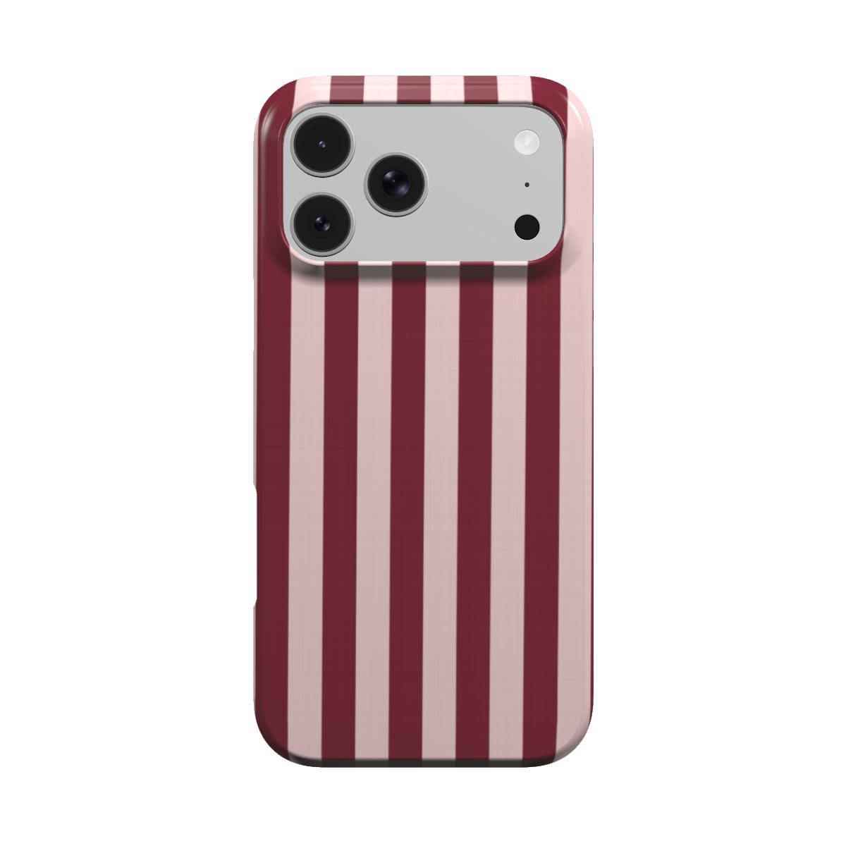 Burgundy Blush Stripe phone case — wide burgundy and blush pink stripes, MagSafe iPhone case, front view