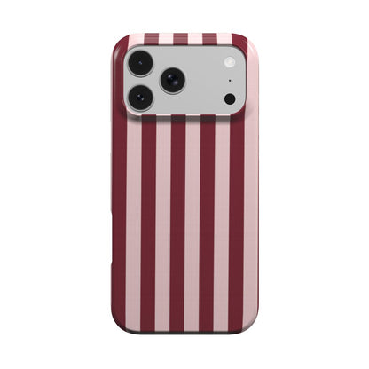 Burgundy Blush Stripe phone case — wide burgundy and blush pink stripes, MagSafe iPhone case, front view