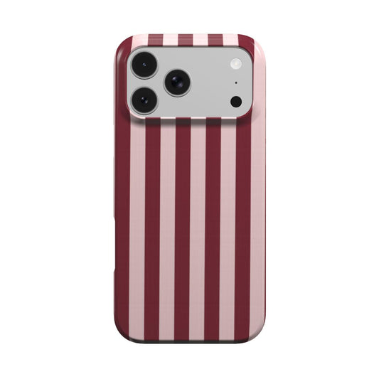 Burgundy Blush Stripe phone case — wide burgundy and blush pink stripes, MagSafe iPhone case, front view