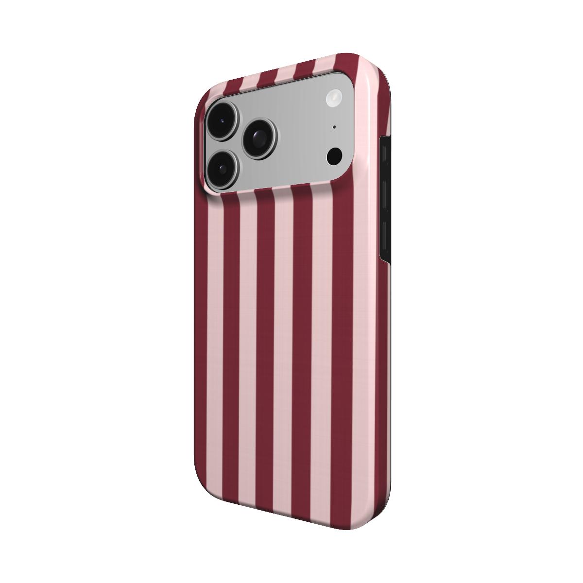 Burgundy Blush Stripe phone case — MagSafe iPhone case, angled view