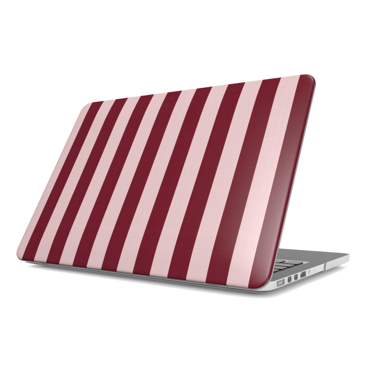 Burgundy Blush Stripe MacBook case — wide burgundy and blush pink stripes, hard-shell laptop cover, angled lid view