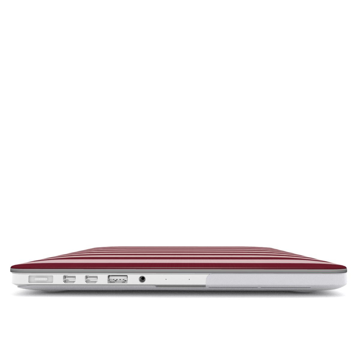 Burgundy Blush Stripe MacBook case — hard-shell laptop cover, side view with ports