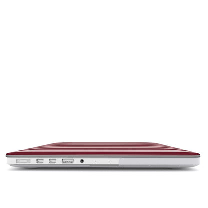 Burgundy Blush Stripe MacBook case — hard-shell laptop cover, side view with ports