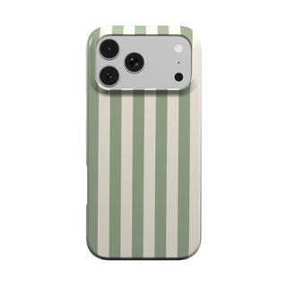 Sage Cream Stripe phone case — soft sage green and cream stripes, MagSafe iPhone case, front view