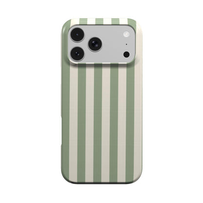 Sage Cream Stripe phone case — soft sage green and cream stripes, MagSafe iPhone case, front view