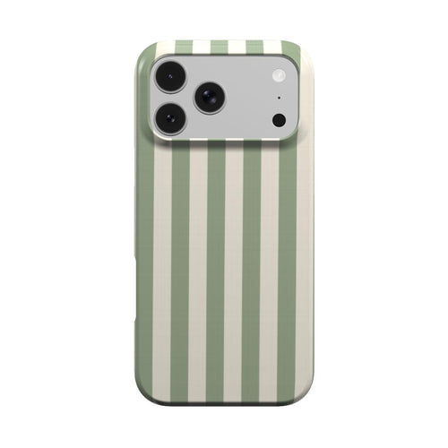 Sage Cream Stripe phone case — soft sage green and cream stripes, MagSafe iPhone case, front view