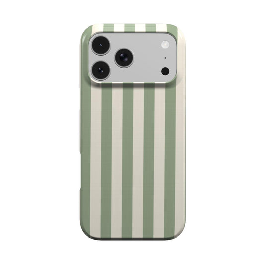 Sage Cream Stripe phone case — soft sage green and cream stripes, MagSafe iPhone case, front view