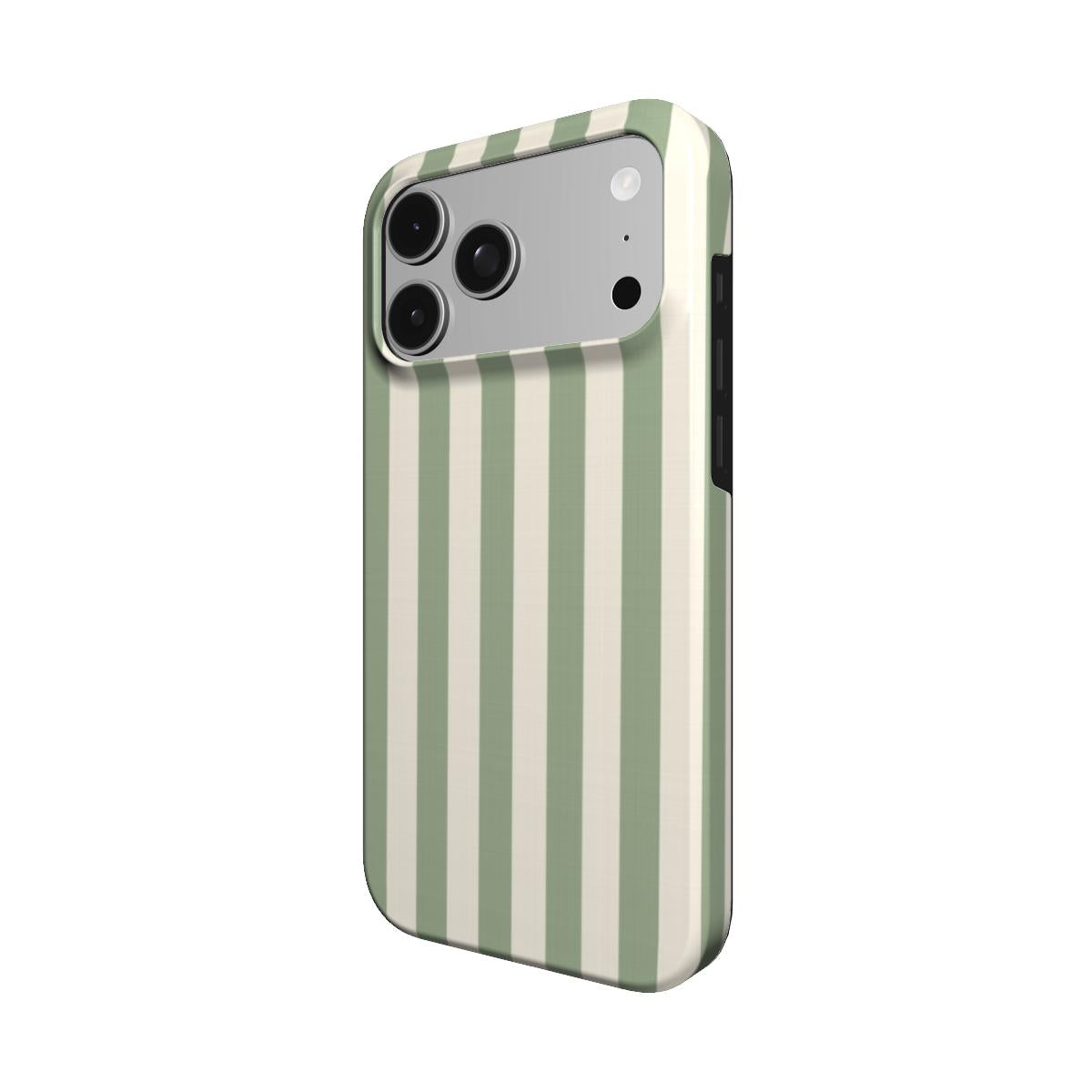Sage Cream Stripe phone case — MagSafe iPhone case, angled view