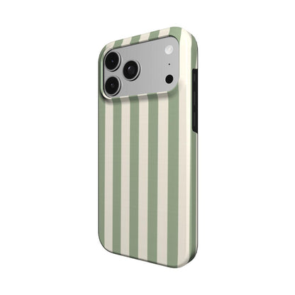Sage Cream Stripe phone case — MagSafe iPhone case, angled view