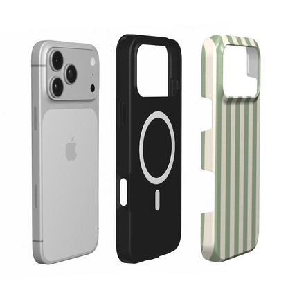 Sage Cream Stripe phone case — MagSafe iPhone case, shell and liner views