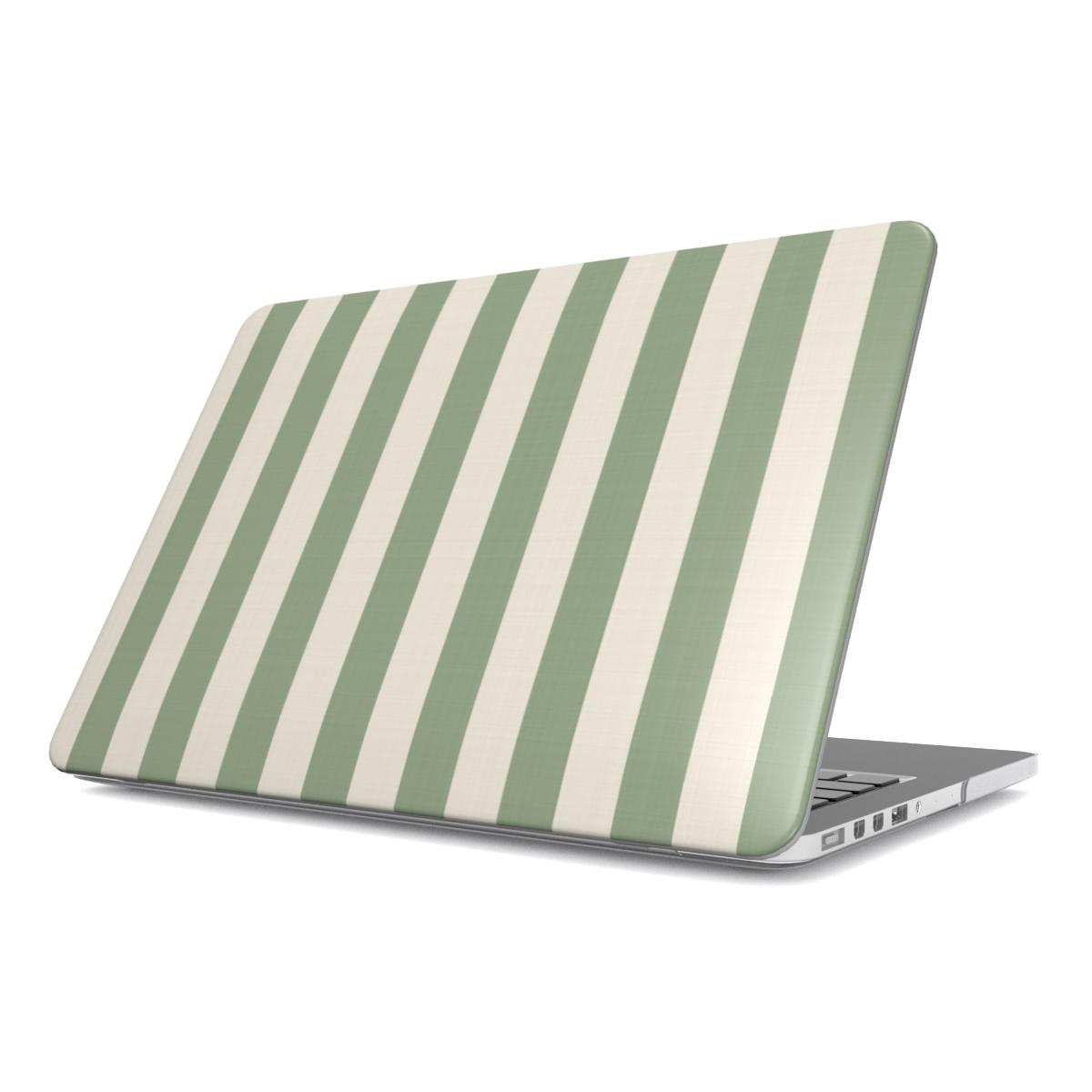 Sage Cream Stripe MacBook case — soft sage green and cream stripes, hard-shell laptop cover, angled lid view