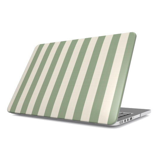 Sage Cream Stripe MacBook case — soft sage green and cream stripes, hard-shell laptop cover, angled lid view