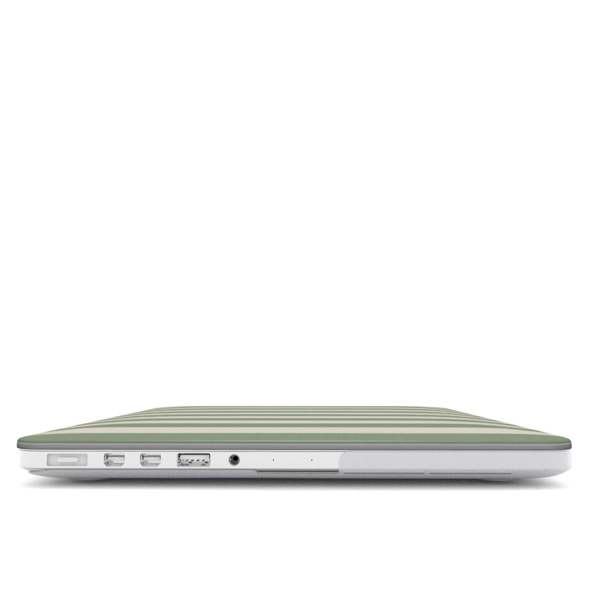 Sage Cream Stripe MacBook case — hard-shell laptop cover, side view with ports