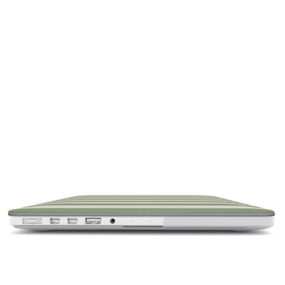 Sage Cream Stripe MacBook case — hard-shell laptop cover, side view with ports