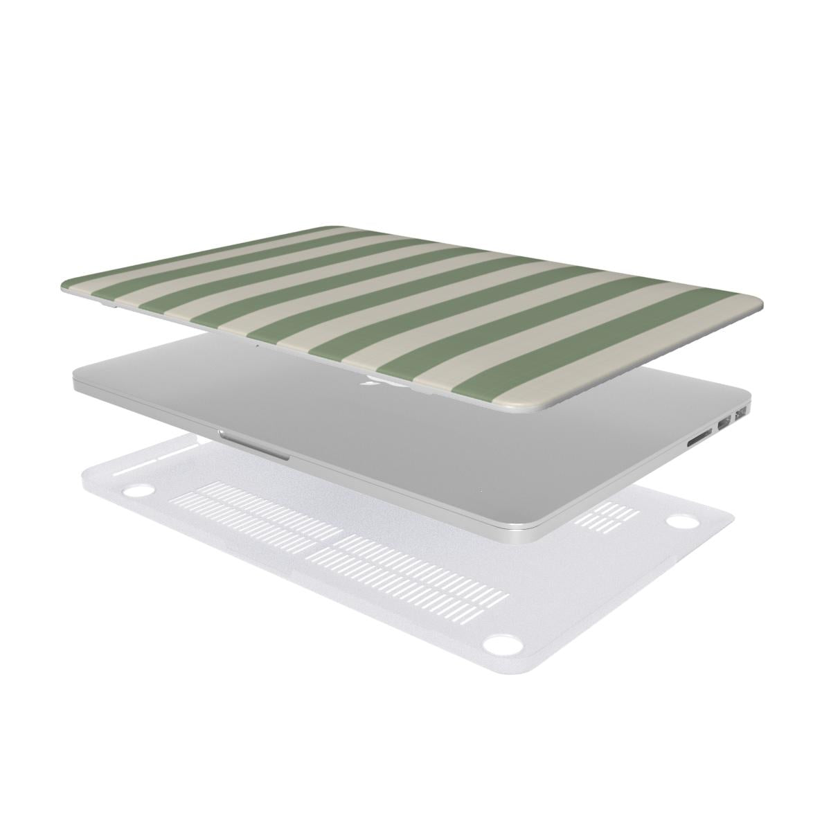 Sage Cream Stripe MacBook case — hard-shell laptop cover, two-piece shell view