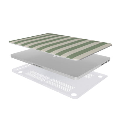 Sage Cream Stripe MacBook case — hard-shell laptop cover, two-piece shell view
