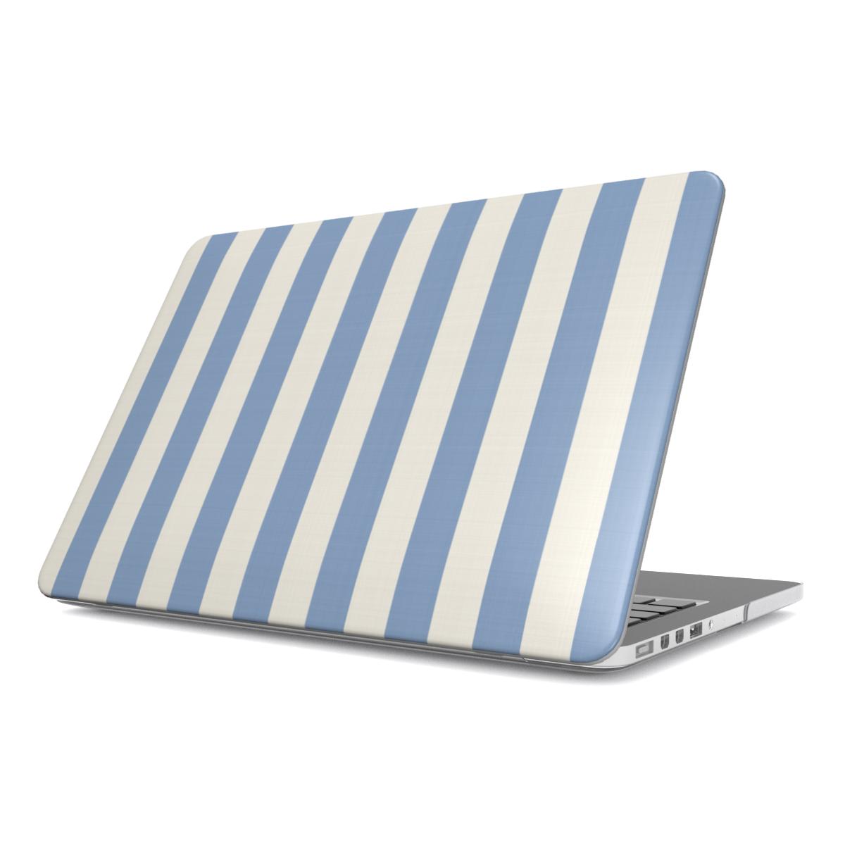 Dusty Blue Stripe MacBook case — dusty blue and cream stripes, hard-shell laptop cover, angled lid view