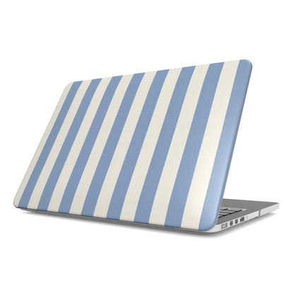 Dusty Blue Stripe MacBook case — dusty blue and cream stripes, hard-shell laptop cover, angled lid view