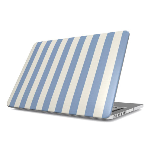 Dusty Blue Stripe MacBook case — dusty blue and cream stripes, hard-shell laptop cover, angled lid view