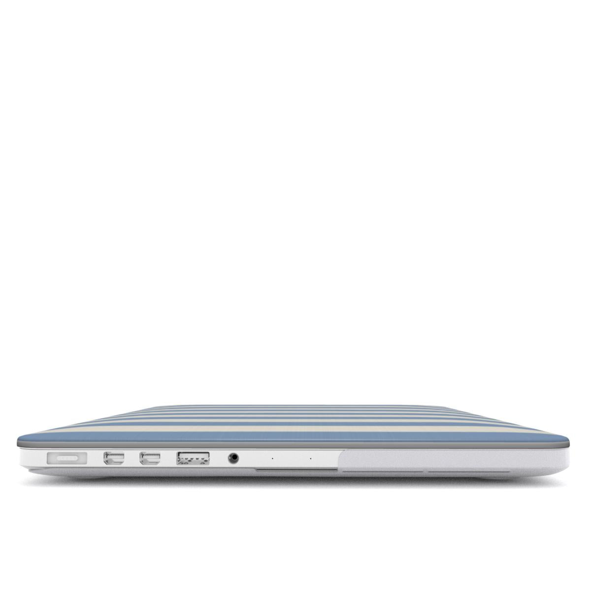Dusty Blue Stripe MacBook case — hard-shell laptop cover, side view with ports