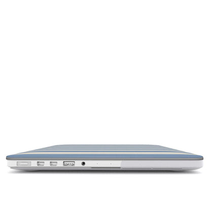 Dusty Blue Stripe MacBook case — hard-shell laptop cover, side view with ports