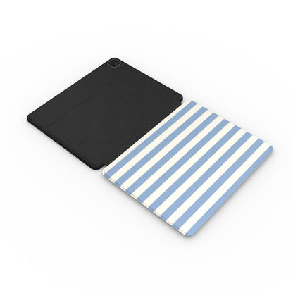 Dusty Blue Stripe iPad case opened flat — printed front cover with plain black interior