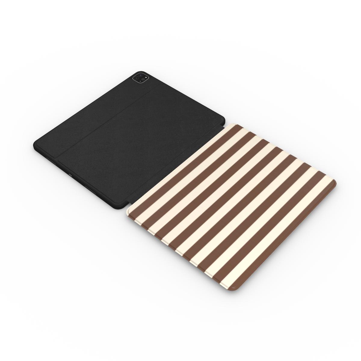 Mocha Cream Stripe iPad case opened flat — printed front cover with plain black interior