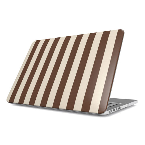 Mocha Cream Stripe MacBook case — mocha brown and cream stripes, hard-shell laptop cover, angled lid view