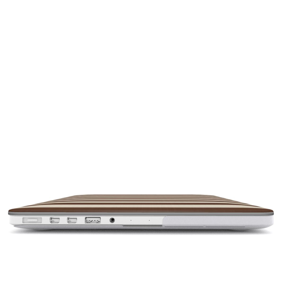 Mocha Cream Stripe MacBook case — hard-shell laptop cover, side view with ports