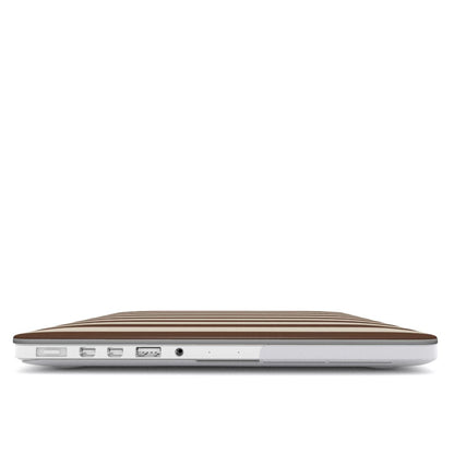 Mocha Cream Stripe MacBook case — hard-shell laptop cover, side view with ports