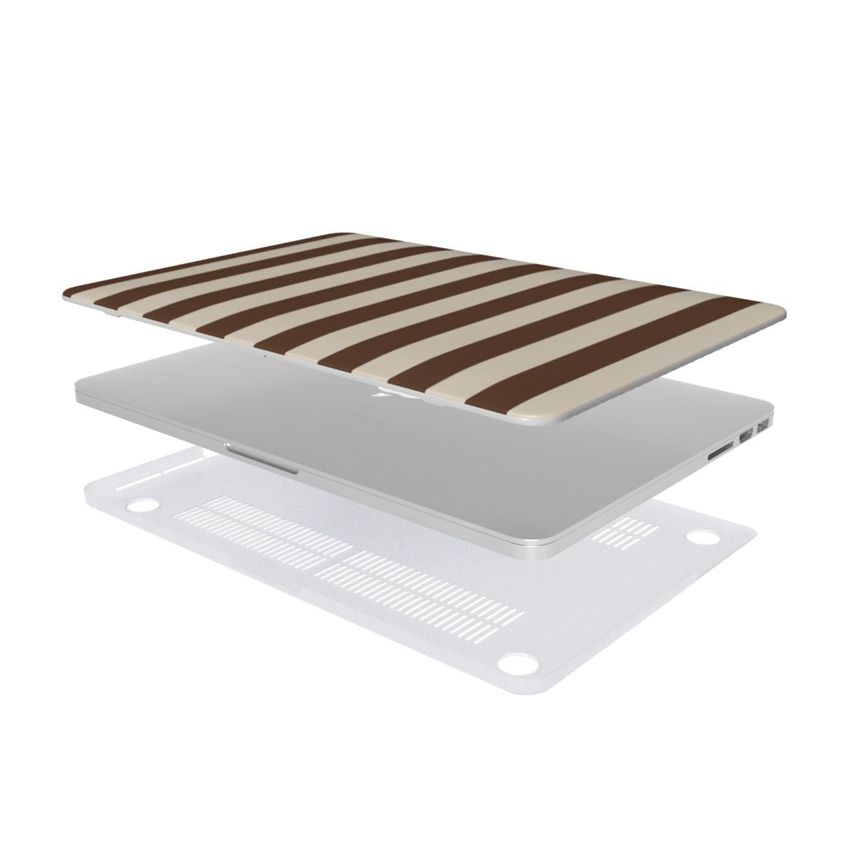 Mocha Cream Stripe MacBook case — hard-shell laptop cover, two-piece shell view