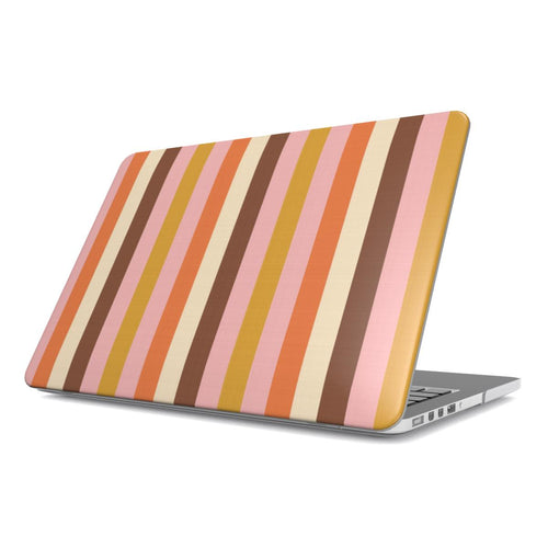 Retro Candy Stripe MacBook case — retro stripes in orange, pink, mustard and brown, hard-shell laptop cover, angled lid view
