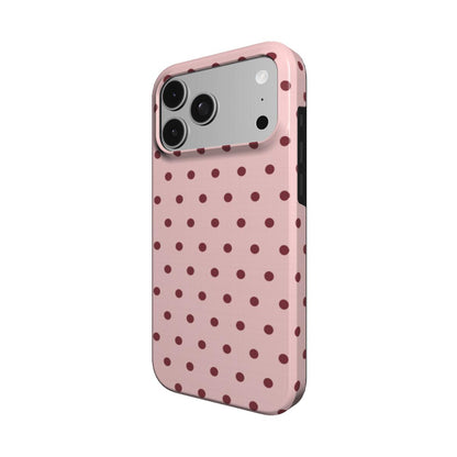 Dusty Rose Polka Dot phone case — MagSafe iPhone case, angled view