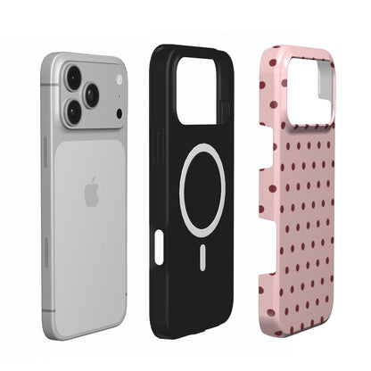 Dusty Rose Polka Dot phone case — MagSafe iPhone case, shell and liner views