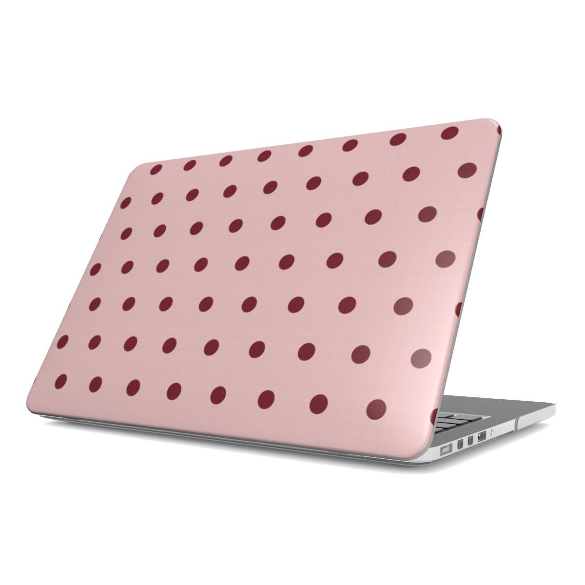 Dusty Rose Polka Dot MacBook case — burgundy polka dots on dusty rose, hard-shell laptop cover, angled lid view