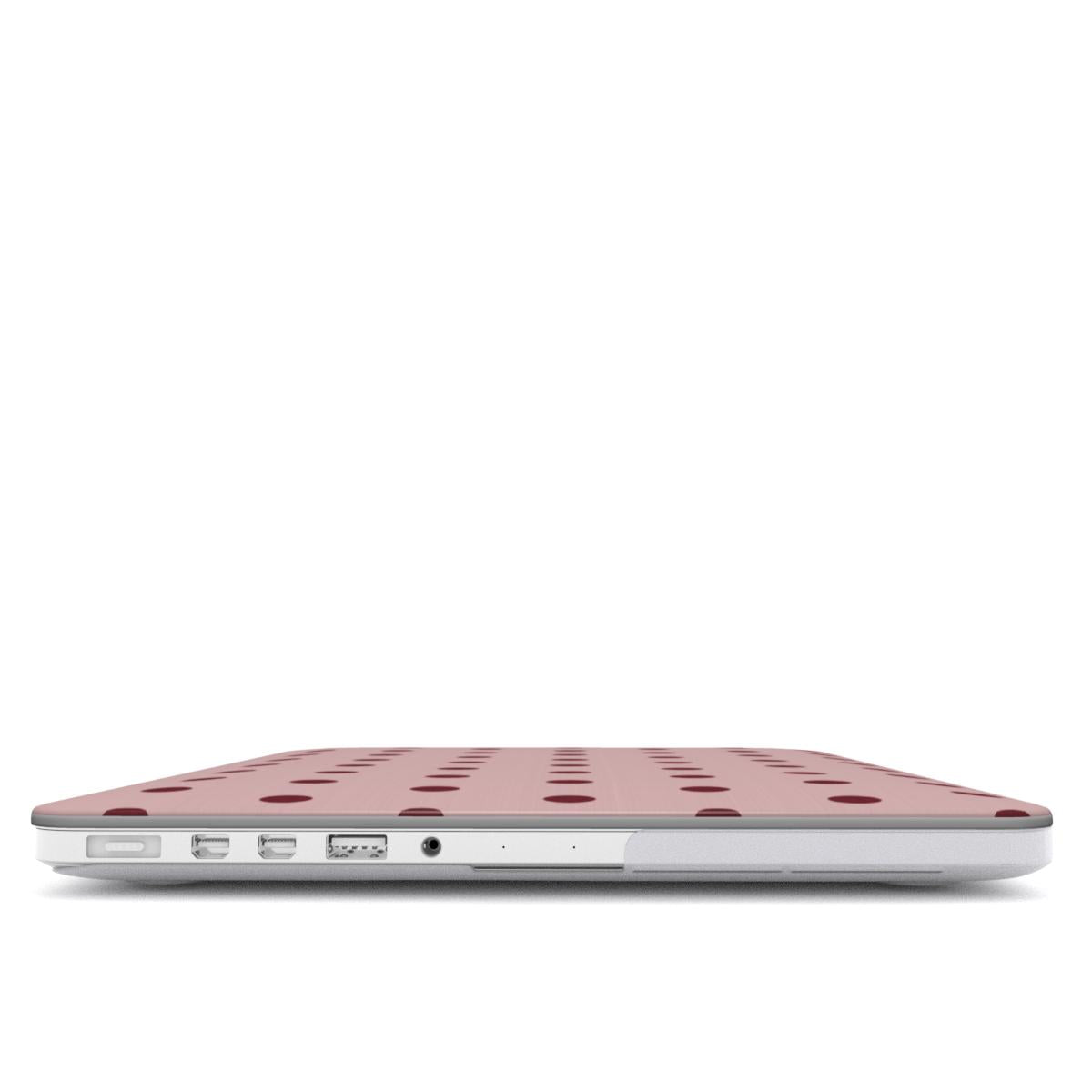 Dusty Rose Polka Dot MacBook case — hard-shell laptop cover, side view with ports