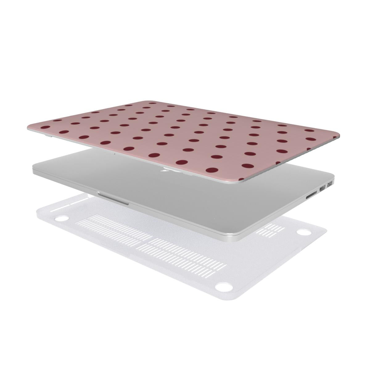 Dusty Rose Polka Dot MacBook case — hard-shell laptop cover, two-piece shell view