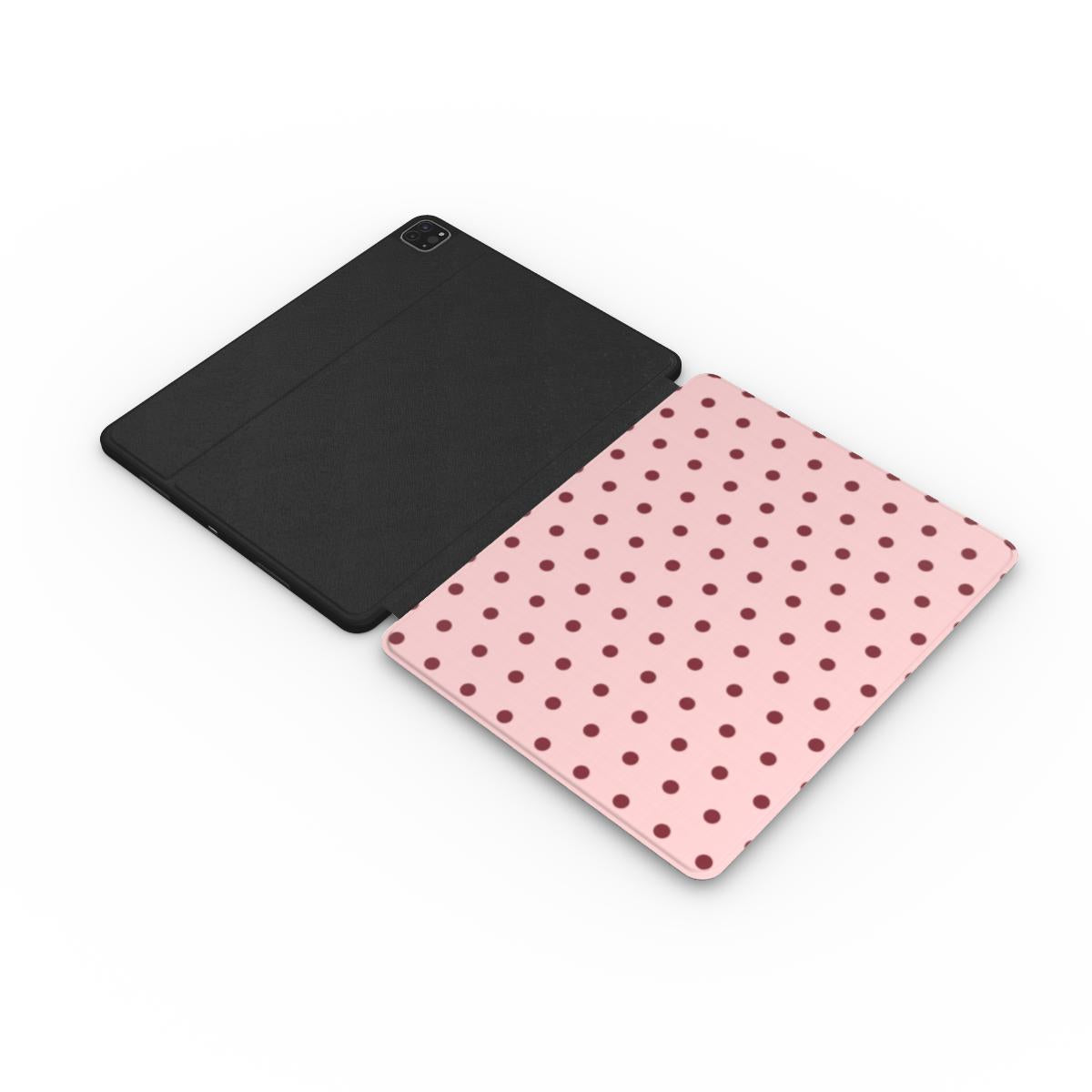 Dusty Rose Polka Dot iPad case opened flat — printed front cover with plain black interior