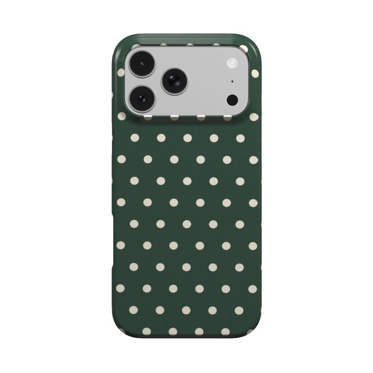 Forest Green Polka Dot phone case — cream polka dots on deep forest green, MagSafe iPhone case, front view