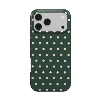 Forest Green Polka Dot phone case — cream polka dots on deep forest green, MagSafe iPhone case, front view