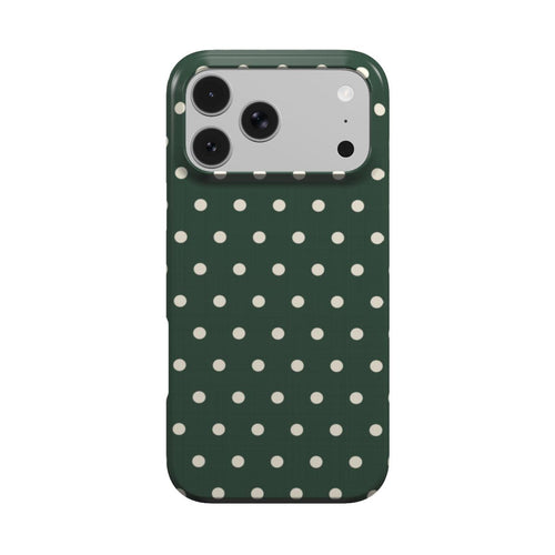Forest Green Polka Dot phone case — cream polka dots on deep forest green, MagSafe iPhone case, front view