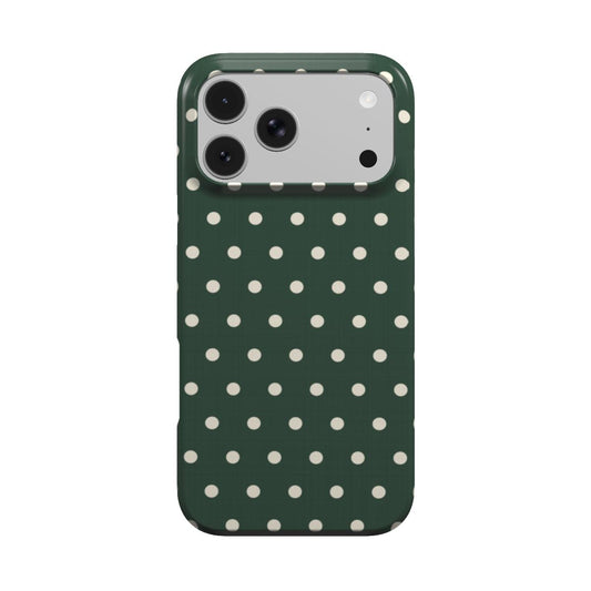 Forest Green Polka Dot phone case — cream polka dots on deep forest green, MagSafe iPhone case, front view