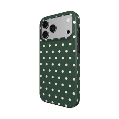 Forest Green Polka Dot phone case — MagSafe iPhone case, angled view