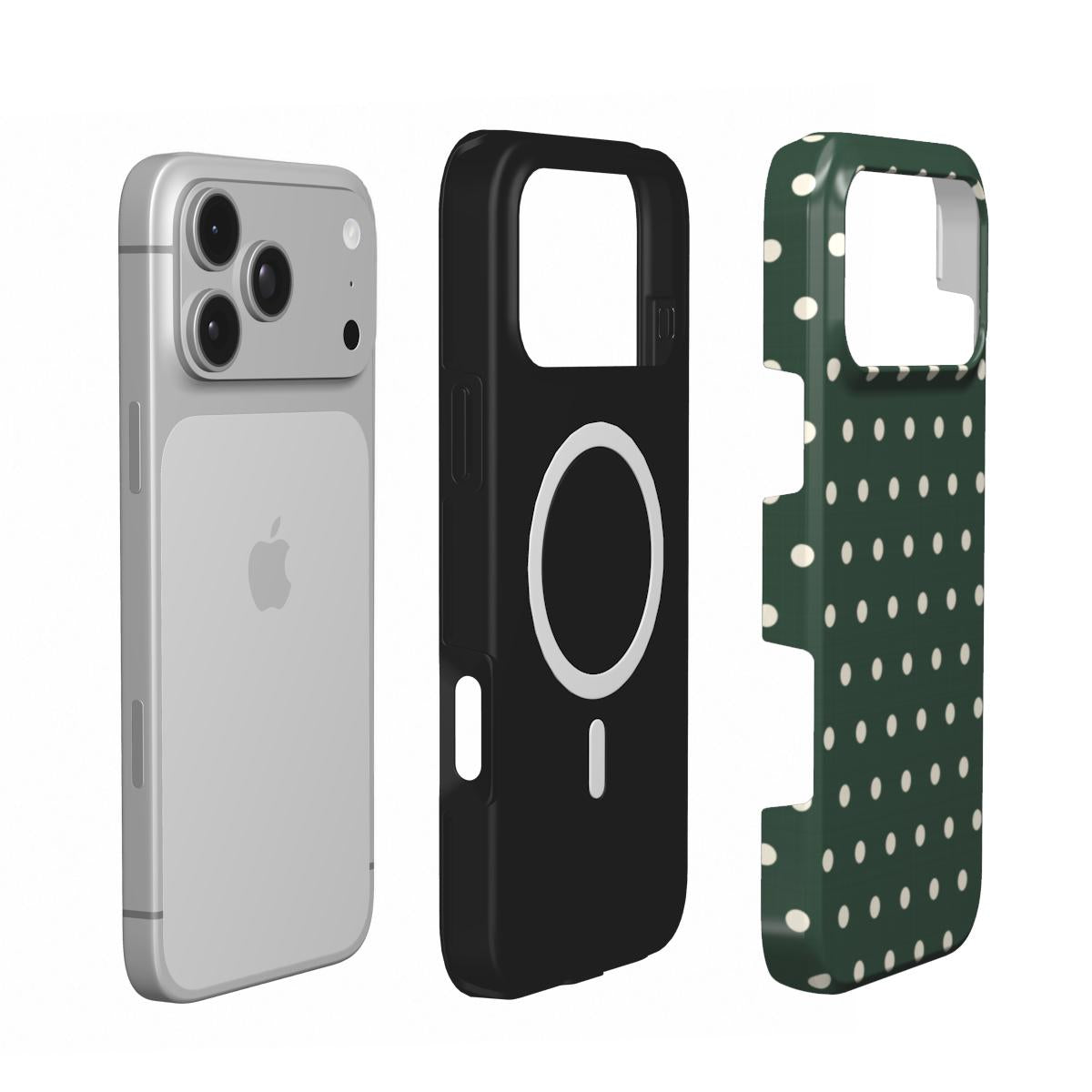 Forest Green Polka Dot phone case — MagSafe iPhone case, shell and liner views